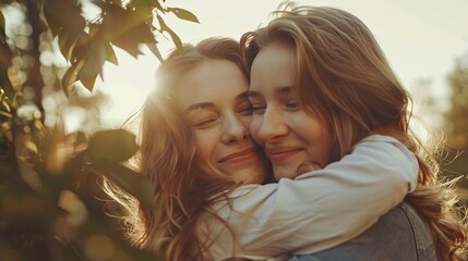 Joyful mother and daughter embracing outside. - Idea content family.