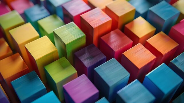Colorful array of cubes with selective focus