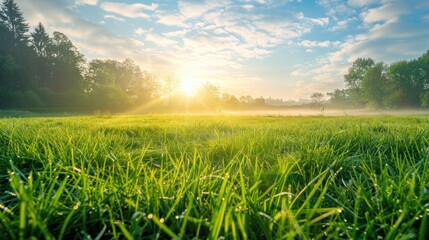 Dawning Serenity: Lush Meadow and Forest Bathed in Sunrise - Generative AI