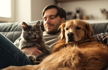 A man lounging on the couch with his household pets, gently petting his aging feline and canine companions.