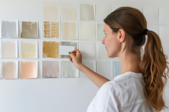 woman comparing paint swatches against white wall backdrop