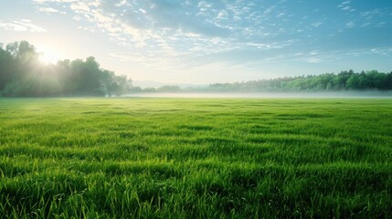 Obraz premium Dawning Serenity: Lush Meadow and Forest Bathed in Sunrise - Generative AI