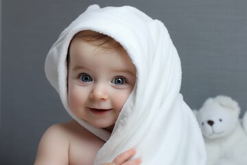 little baby wearing hooded towel sitting on the bed after bath , Adorable baby with blue eyes in a towel after a bath, Ai generated