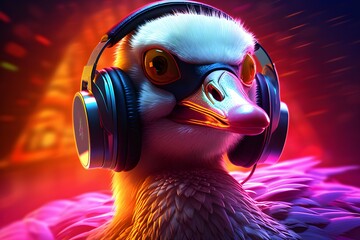 Close-up of the head of a funny goose wearing headphones under neon light, generated by AI - obrazy, fototapety, plakaty