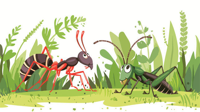 Cartoon ant and grasshopper in the garden flat vector