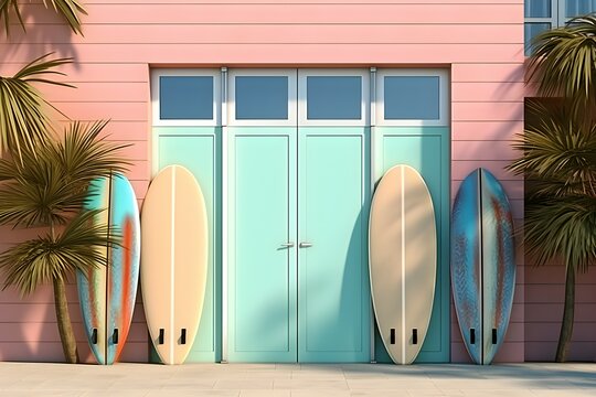 Multi-colored surfboards stand against the background of a fitting room on the beach, generated by AI