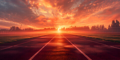 Sunset on a road with mountains and a lake in the distance , High Resolution Sunset Road .