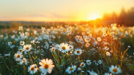 Whispers of Light Among Daisies at Sunset: Serene Meadow Bliss - Generative AI