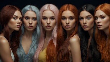 Obraz premium A collective photograph featuring six stunning women, each showcasing unique hair colors and skin tones.