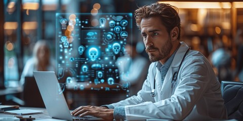 A doctor in scrubs sits at a desk typing on a laptop as an AI interface hovers above showing digital data and holographic images of anatomy, Generated by AI - obrazy, fototapety, plakaty