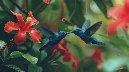 Naklejka premium Dance of the Violet Sabrewings: Hummingbirds’ Ballet by the Blossoms Generative AI