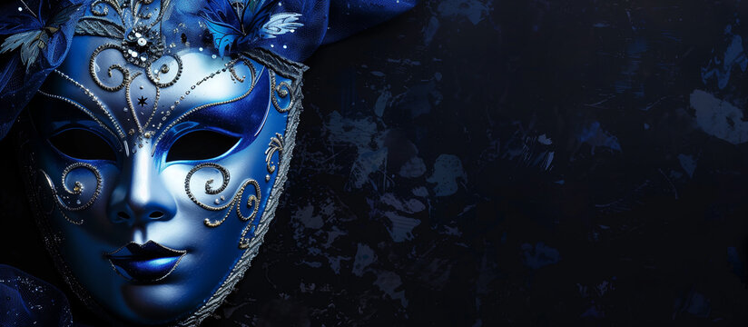 Stunning blue and silver mask featuring intricate designs and embellishments on a blue textured backdrop