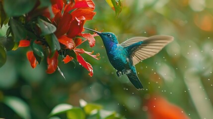 Fototapeta premium Dance of the Violet Sabrewings: Hummingbirds’ Ballet by the Blossoms Generative AI