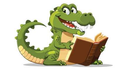Cartoon crocodile reading a book flat vector isolated