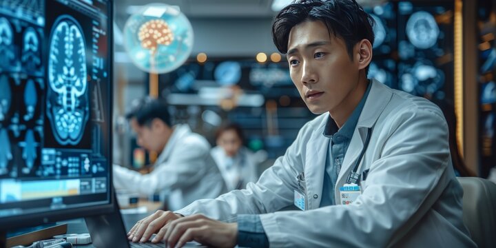 The doctor in his white coat types on his laptop as an AI interface shows digital data and holographic images of human anatomy, Generated by AI