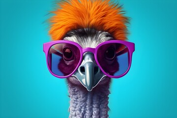 Close-up of the head of a funny ostrich wearing sunglasses on a blue background, created by AI - obrazy, fototapety, plakaty