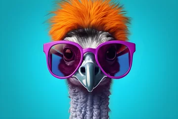 Foto auf Acrylglas Close-up of the head of a funny ostrich wearing sunglasses on a blue background, created by AI © Полина Сова