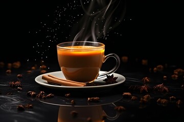 Close-up of a transparent cup with coffee with cinnamon on a black background, generated ai
