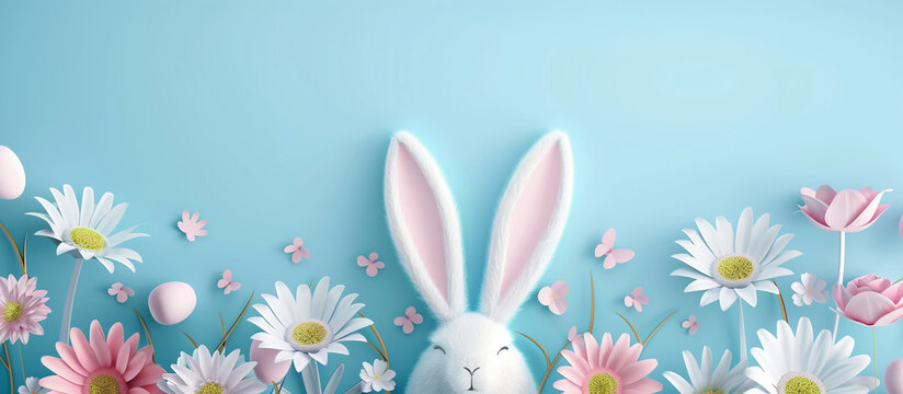 A tender image of a soft, white bunny surrounded by blooming spring flowers on a blue background