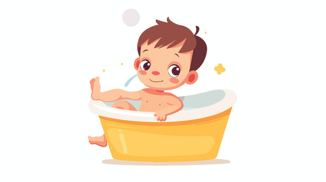 Cartoon Cute baby boy peeing in the bathtub flat vector