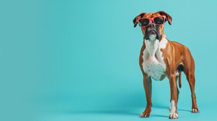 Hipster Boxer Dog Rocks Sunglasses, Oozing Cool on Turquoise - Generative AI