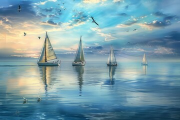 A serene waterfront scene, with sailboats drifting on calm waters and seagulls soaring overhead, providing a tranquil setting for contemplation during the working hour, Generative AI
