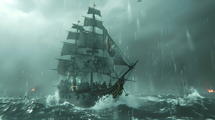Fototapeta premium A huge pirate ship sails on a stormy sea, generative Ai