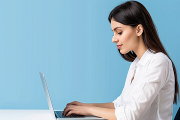 Photo of trainee specialist young woman working in it corporation develop new soft using laptop isolated over blue color background