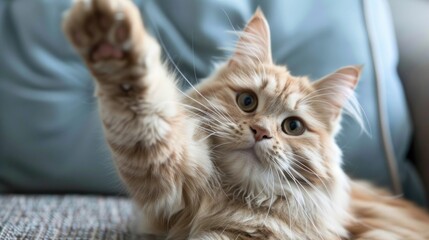 Fluffy British Longhair Cat Mid-Play, Paw Raised in Anticipation Generative AI