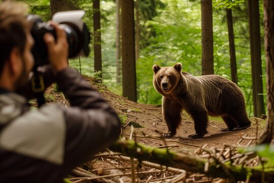 brown bear in a forest, with a wildlife photographer snapping photos