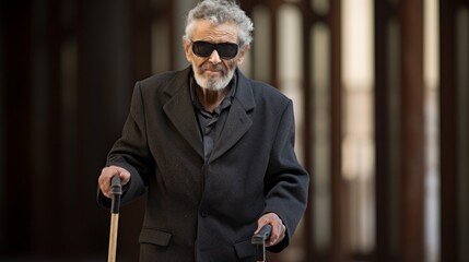 Photo of elderly bearded man wearing a black suit and sunglasses walking along a city street with two canes. People with Disabilities, Health concepts. - obrazy, fototapety, plakaty