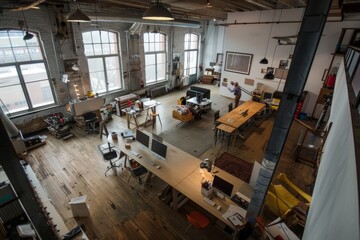 An industrial loft space transformed into a creative studio, with artists, designers, and innovators hard at work during the bustling working hour, Generative AI2