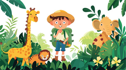 Cartoon explorer boy with animals in the jungle flat