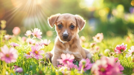 Puppy Amidst the Daisies: A Portrait of Springtime Splendor - Generative AI