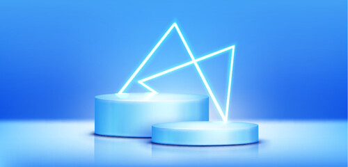 Cylinder two steps product podium with decorative triangle neon elements in studio room interior with pastel blue wall and floor. Realistic 3d vector minimalist scene with goods showcase mockup.