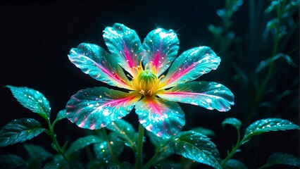 fantasy neon glowing coloured flower in dark  environment, close up AI Generated