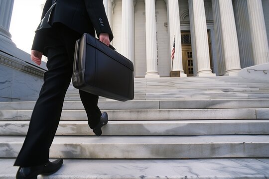 person walking up courthouse steps with briefcase in hand
