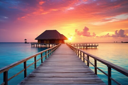 Wooden jetty at sunset in tropical  island with water bungalows An amazing sunset landscape Picturesque summer sunset , Ai generated