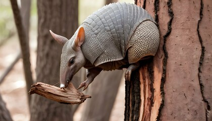 an armadillo with its claws scratching at the bark upscaled 4