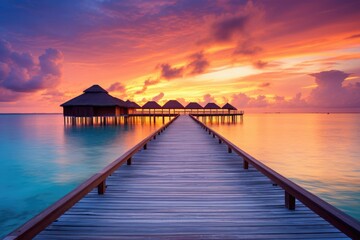 Wooden jetty at sunset in tropical  island with water bungalows An amazing sunset landscape Picturesque summer sunset , Ai generated