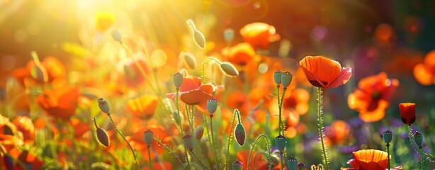 Glowing Dusk: Vibrant Poppy Field Illuminated by Setting Sun's Embrace - Generative AI