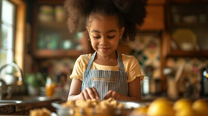 African American girl in apron preparing breakfast in cozy kitchen