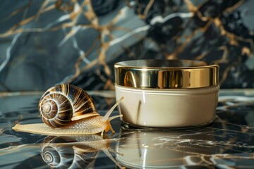 luxury cream container with a golden lid with a snail in front of a container on a shiny marble texture, Korean cosmetics