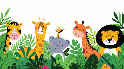 Cartoon happy animals in the jungle flat vector isolated