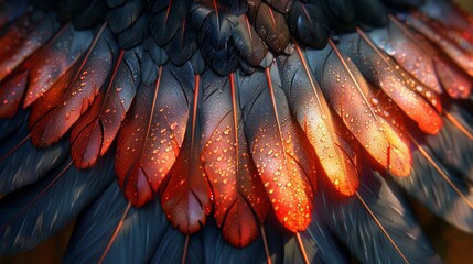 Close-up of bird feathers with dew drops - obrazy, fototapety, plakaty