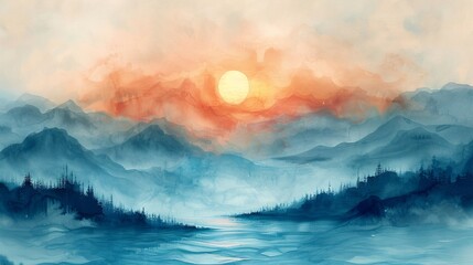 Misty mountain landscape at sunset