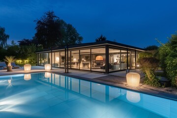 glasswalled modern house with pool lights and garden lamps