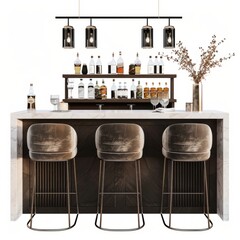 3D Render of a stylish cocktail bar with marble countertops and velvet-upholstered bar stools, on isolated white background, Generative AI