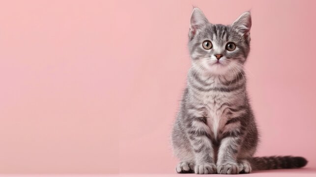 Contemplative Gray Tabby Kitten Against Soft Pink Backdrop Generative AI
