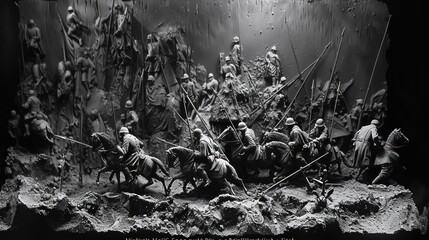Shadows of battle: Sculpting struggle on somber surfaces.